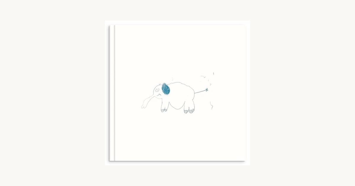 Hardcover photo book with a child's elephant drawing on the cover