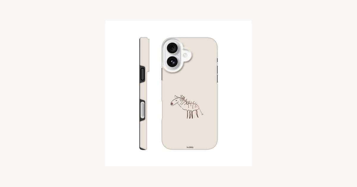 Child's dinosaur drawing, untouched, on a Scribbly phone case