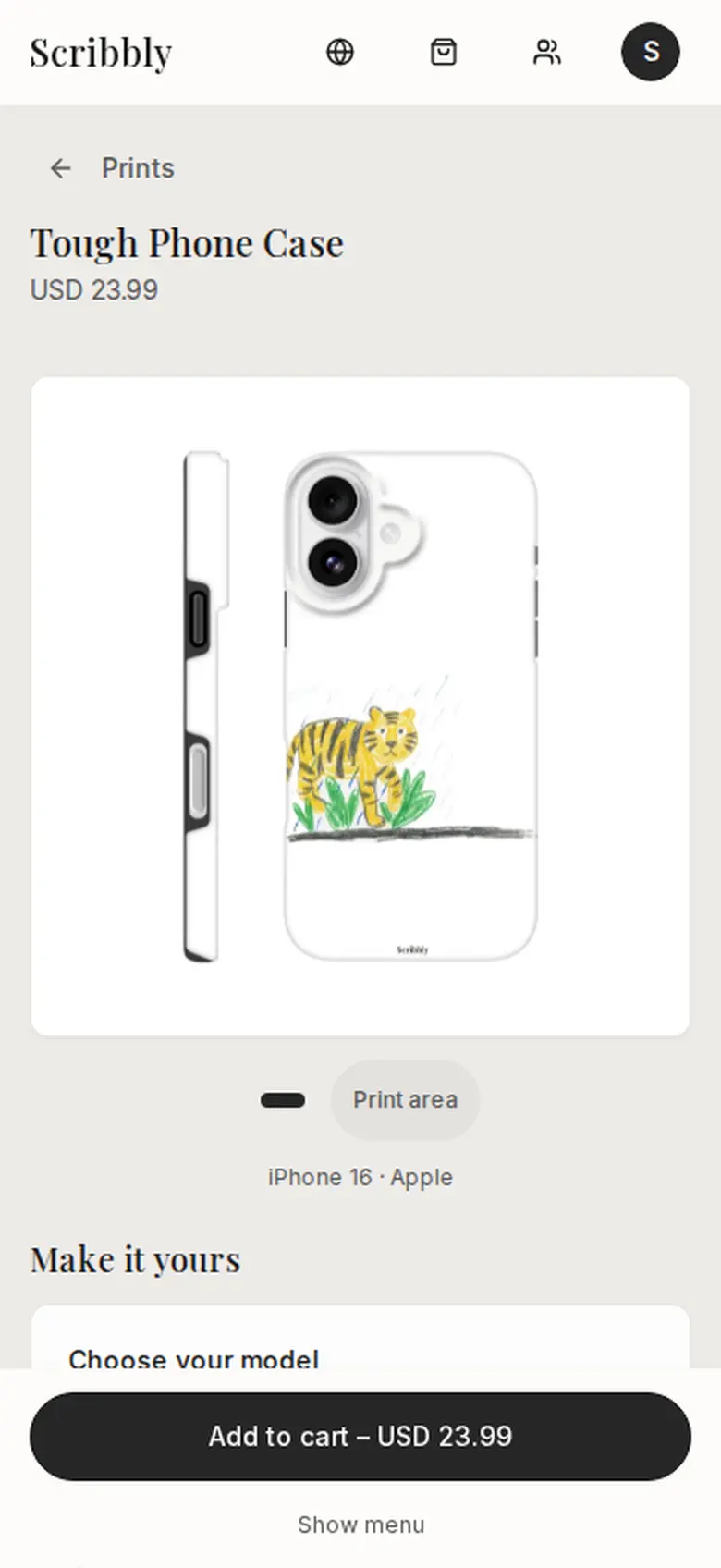 A phone case printed with a child's tiger drawing in the Scribbly app