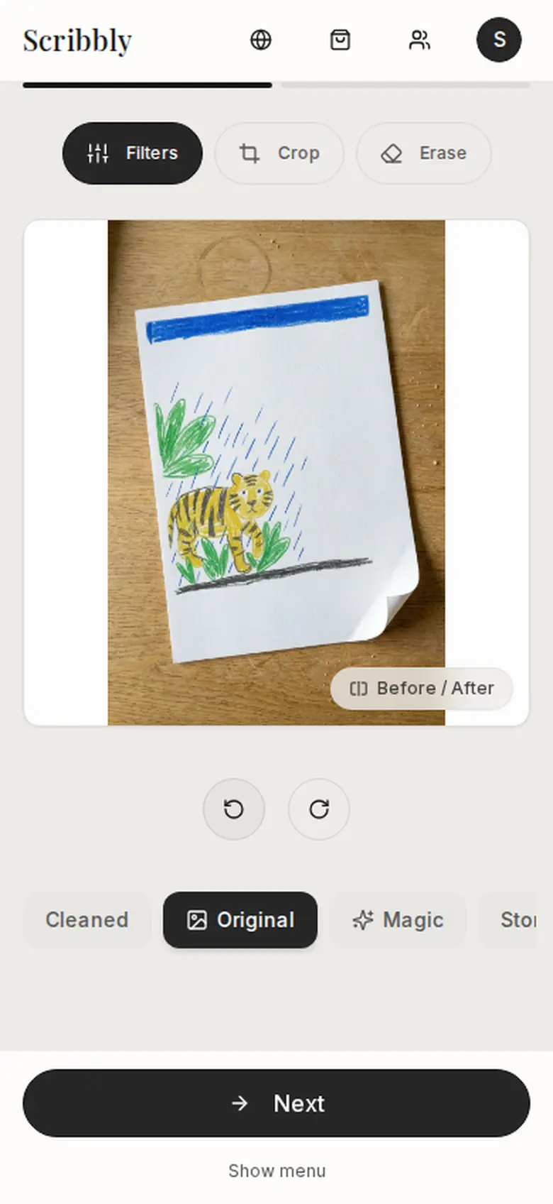 A child's drawing in the Scribbly editor, photographed with its paper background