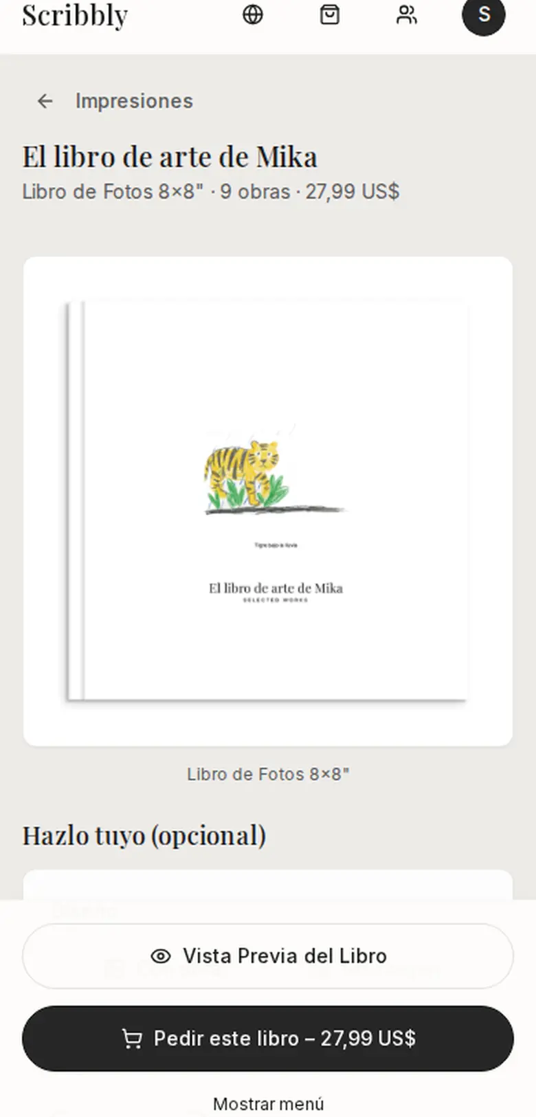 La aplicación Scribbly muestra un libro de recuerdos impreso con el dibujo de un tigre de un niño en la portada