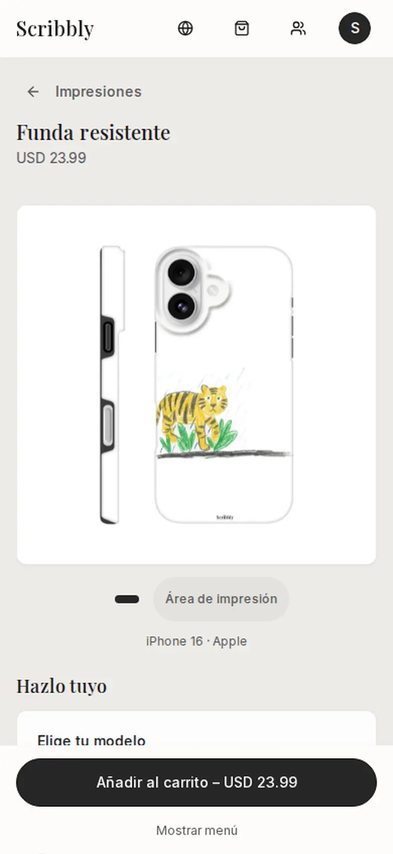 Una funda de móvil impresa con el dibujo de un tigre de un niño en la aplicación Scribbly