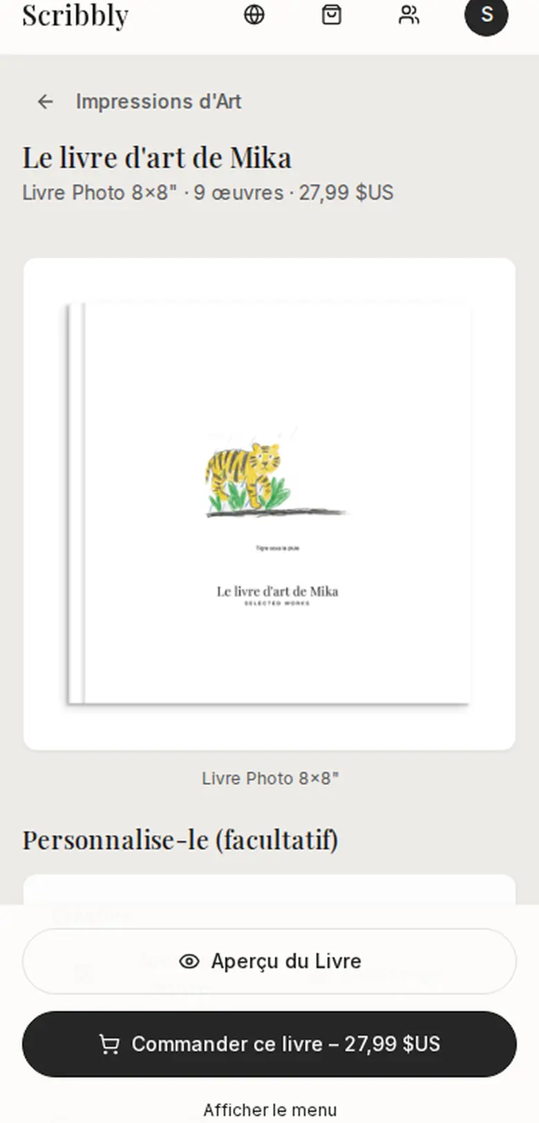 L'application Scribbly affiche un livre souvenir imprimé avec le dessin de tigre d'un enfant en couverture