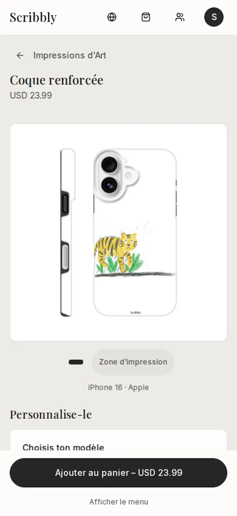 Le même dessin imprimé sur une coque de téléphone dans l'application Scribbly