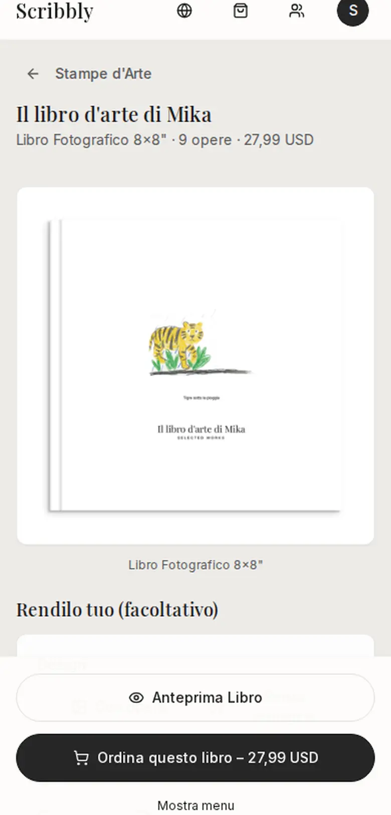 L'app Scribbly mostra un libro ricordo stampato con il disegno di una tigre di un bambino in copertina