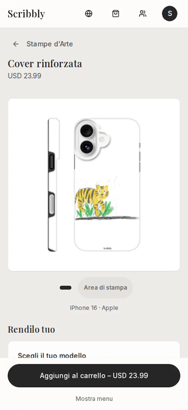 Una cover per telefono stampata con il disegno di una tigre di un bambino nell'app Scribbly