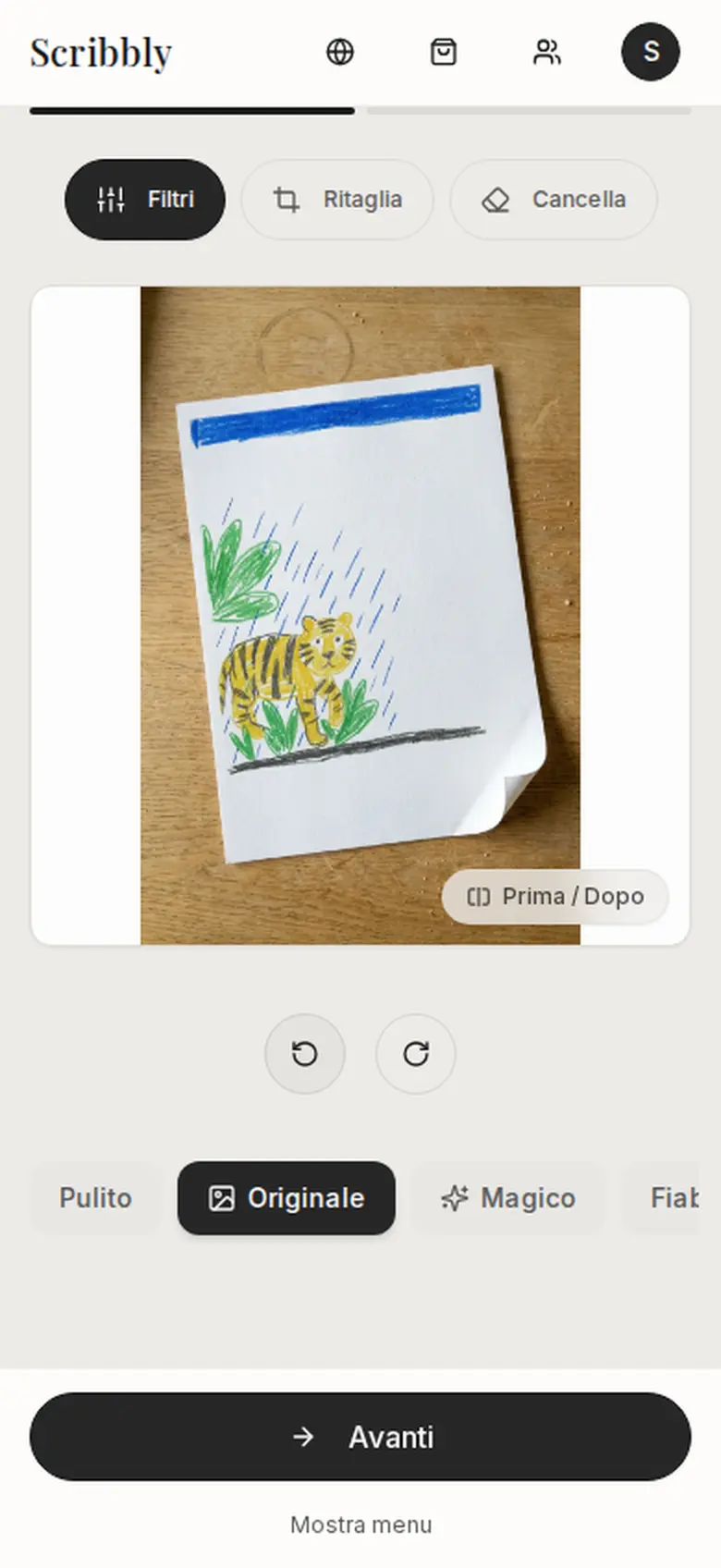 Un disegno di bambino nell'editor di Scribbly, fotografato con il suo sfondo di carta